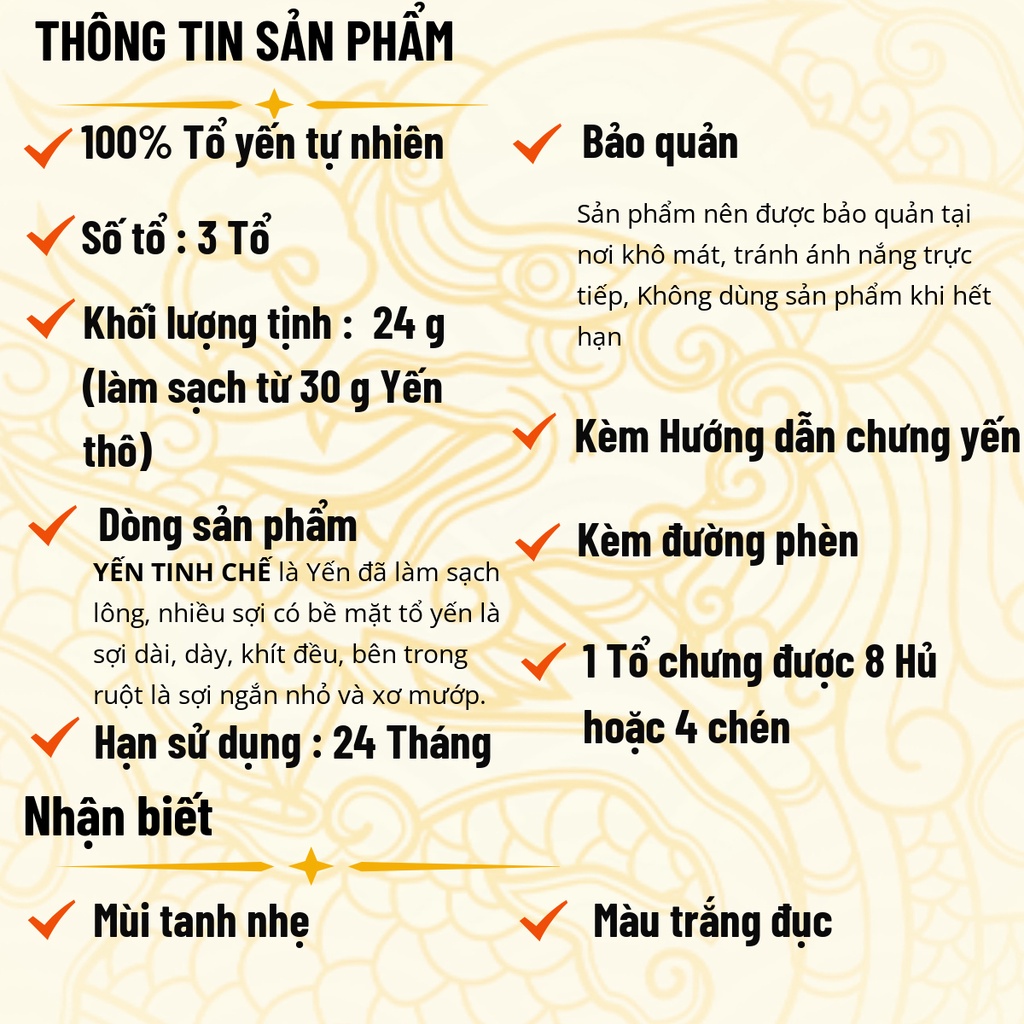 Yến sào tinh chế TRUNG NAM, Tổ yến thô còn lông tự nhiên nguyên chất đã được nhặt sạch lông - 3Tổ/24g/hộp