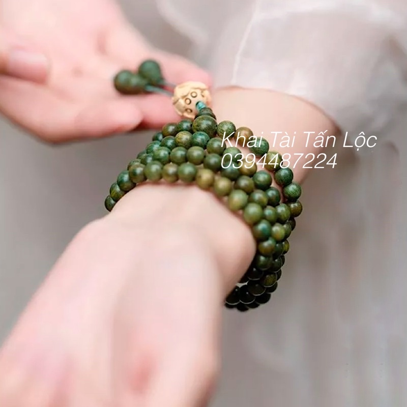 Vòng chuỗi 108 hạt gỗ đàn hương xanh đổi màu và hoa sen gỗ hoàng dương đeo cổ đeo tay