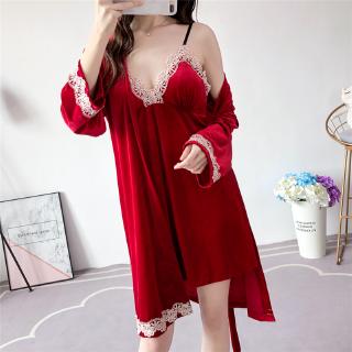 Set Đầm Ngủ Hai Dây + Áo Choàng Chất Nhung Thời Trang Dành Cho Nữ