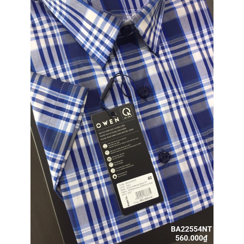 Áo Sơ Mi Nam Ngắn Tay Owen BA22554NT Sơ Mi Cộc Tay Công Sở Cao Cấp Màu Xanh Navy Kẻ Caro Vải Sợi Tre Body Fit Tà Bằng