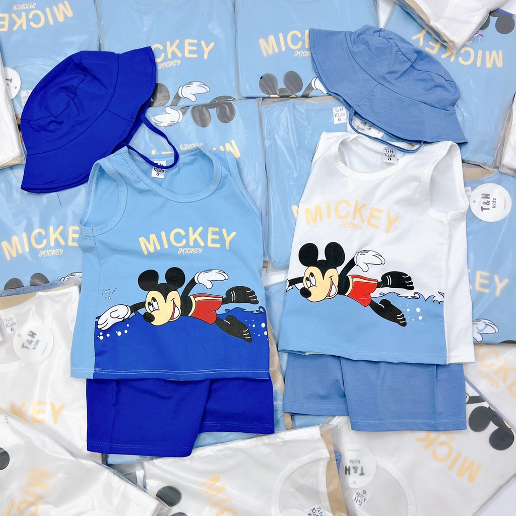 Bộ bộ sắt nách mick,yy kèm mũ cho bé 2 mau xanh trắng