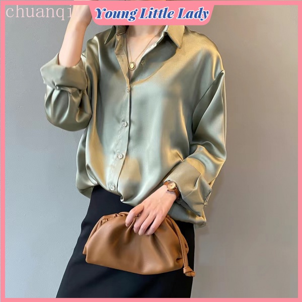 Áo Sơ Mi Tay Dài Dáng Rộng Bằng Satin Thời Trang Cổ Điển Dành Cho Bạn Nữ