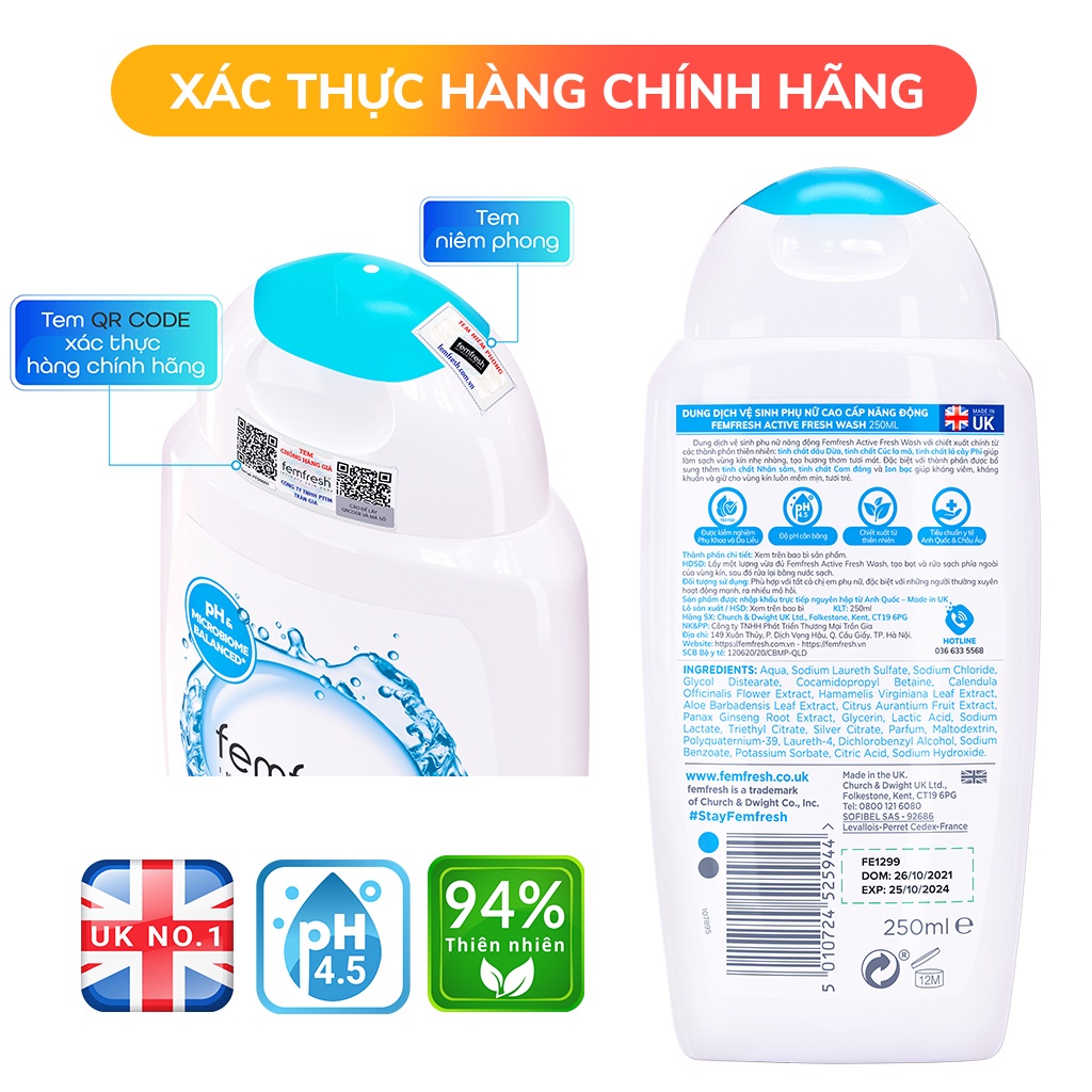 Dung dịch vệ sinh phụ nữ femfresh Daily active Wash nhập khẩu Anh Quốc