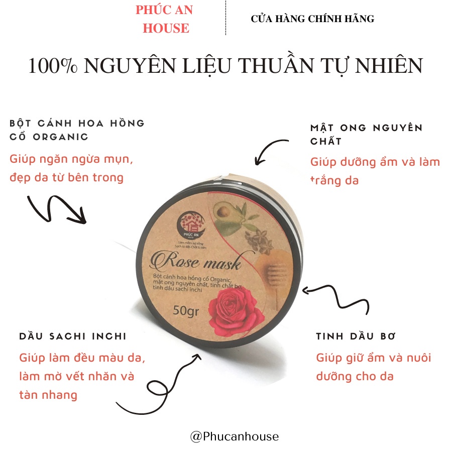 Mặt Nạ Hoa Hồng Phúc An House Thành Phần Thiên Nhiên - Mask Hoa Hồng Dưỡng Da Chăm Sóc Da Mặt 50gr