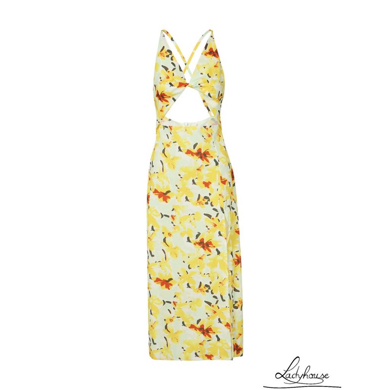 Ld- Đầm khoét cổ chữ v Hở Lưng In Họa Tiết Hoa Màu Vàng S/ M/ L/ XL Cho Nữ