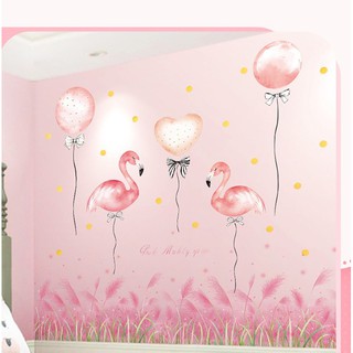 Decal dán tường Combo 2 tranh chân tường hoa cỏ may hồng + chim hạc hồng
