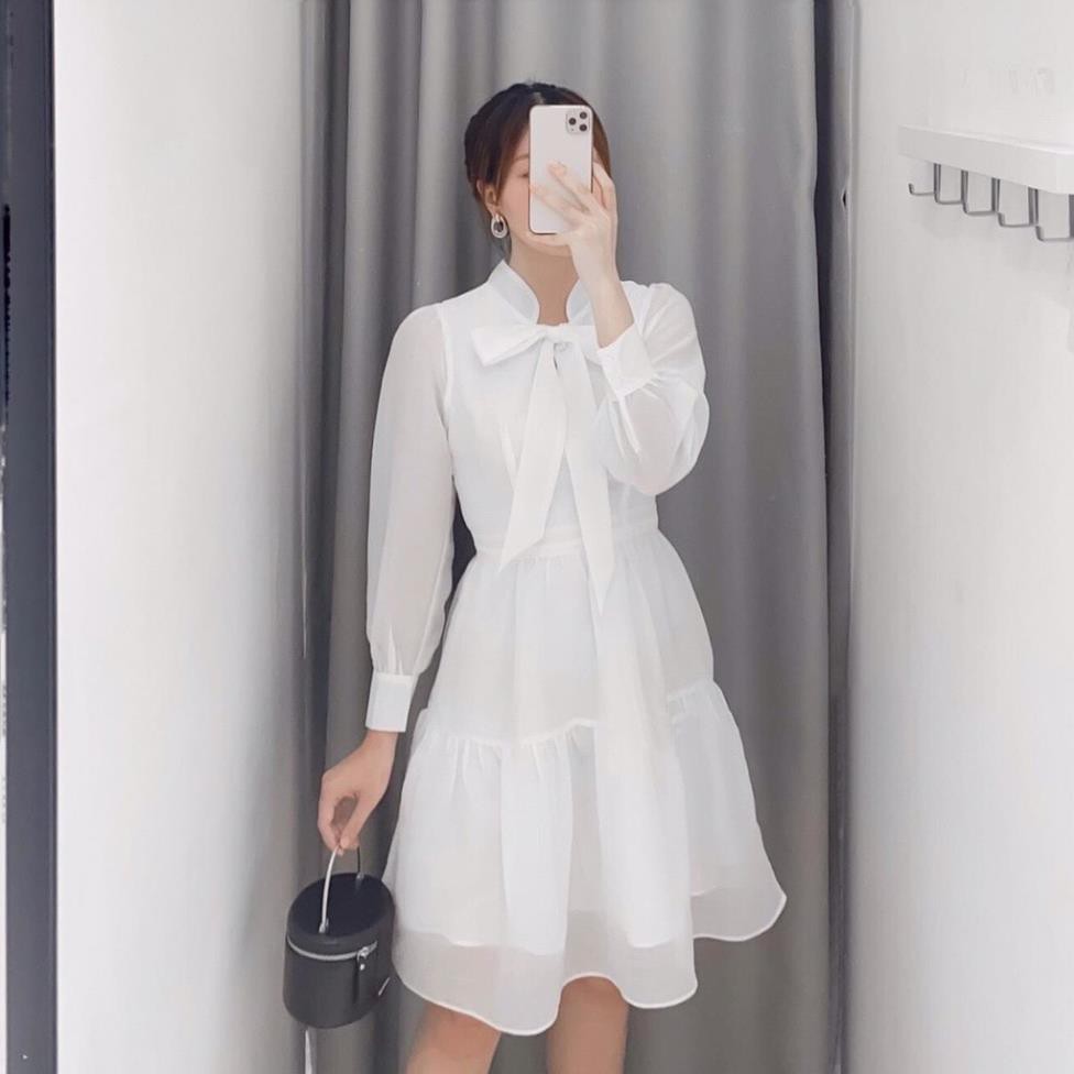 Đầm công sở trắng xanh nơ ngực tơ tầng xinh xắn - Moly dress | BigBuy360 - bigbuy360.vn