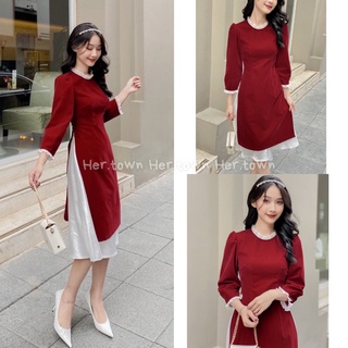 Set áo dài nhung đỏ cổ bèo mix chân váy lụa siêu sang