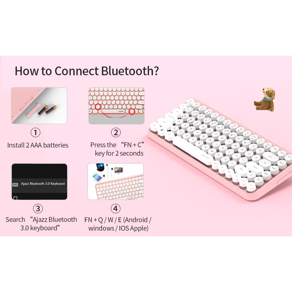 Ajazz 308i - Bàn Phím và Chuột Bluetooth Giả Cơ Không Dây - Dùng cho Điện thoại Máy tính bảng, Máy tính bàn Laptop, Tivi