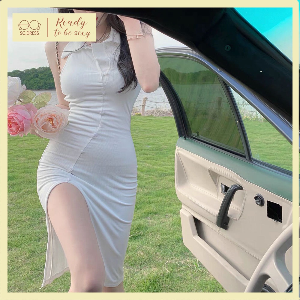 Đầm Thun Cổ Đức, Hở Vai, Xẻ Vạt Cao Dáng Dài ôm Body/ Váy Xẻ Vạt Đùi Dáng Dài Không Tay Hàn Quốc Đ00083