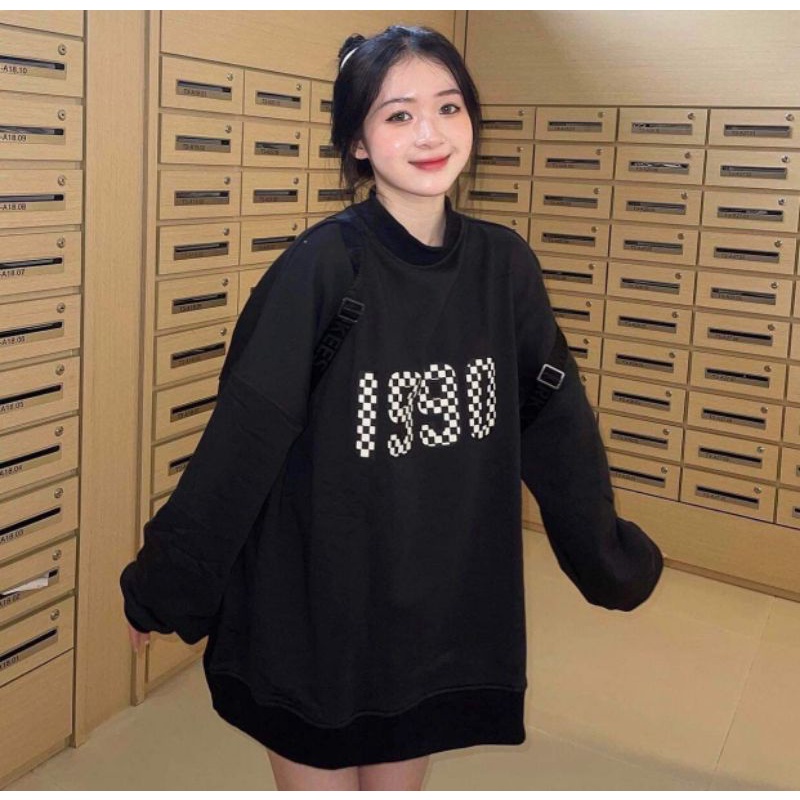 Áo Nỉ Đen Chữ 1990 Nữ [FREESHIP]Sweater  from rộng tay bồng in chữ,hoodie vintage kiểu | BigBuy360 - bigbuy360.vn