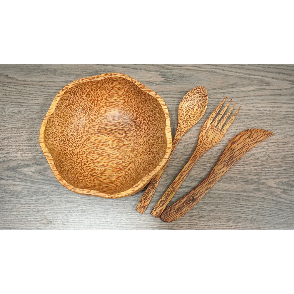 Set Tô gỗ dừa Bát gỗ dừa và dao nĩa Buzen - Hình Hoa Mai ( Coconut wood bowls)