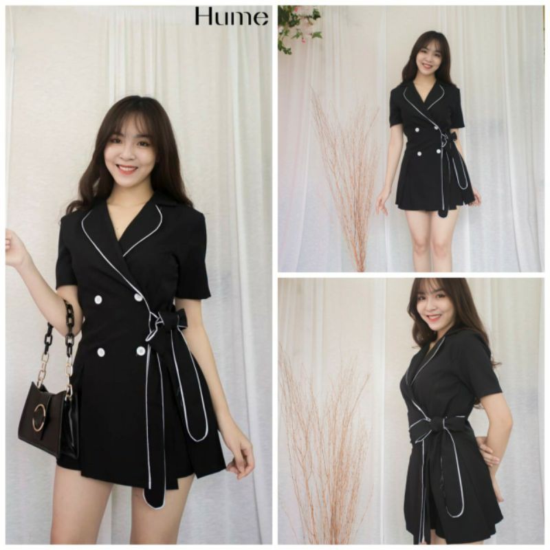 Set Đầm Công Sở Đen Viền Buộc Nơ Kèm Quần Sang Trọng Hume