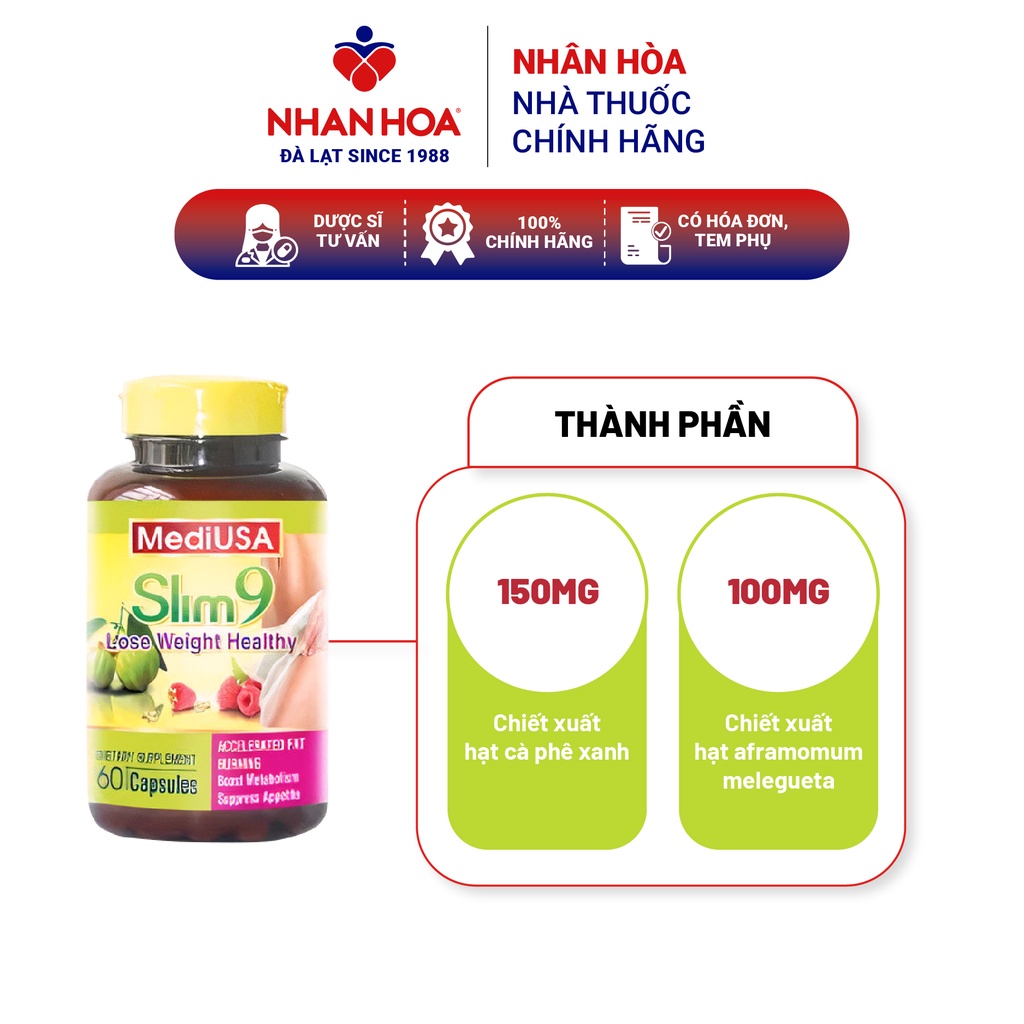 Viên uống giảm cân an toàn MediUSA SLIM9 combo 2 hộp 120 viên