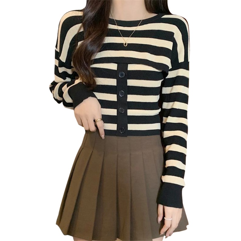 Set 2 Món Áo Sweater Dệt Kim Kẻ Sọc Phối Áo Hai Dây Đính Nút Thời Trang Cho Nữ