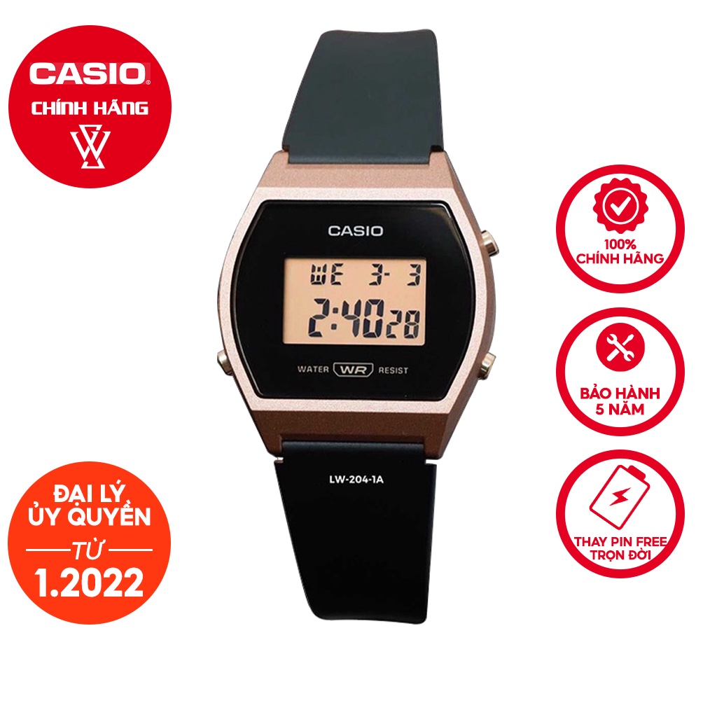 Đồng Hồ Điện Tử Nữ Casio WATCHSTORE LW-204-1ADF Thiết Kế Mặt Kính Nhựa 35mm, Dây Đeo Và Vỏ Nhựa Màu Vàng Hồng
