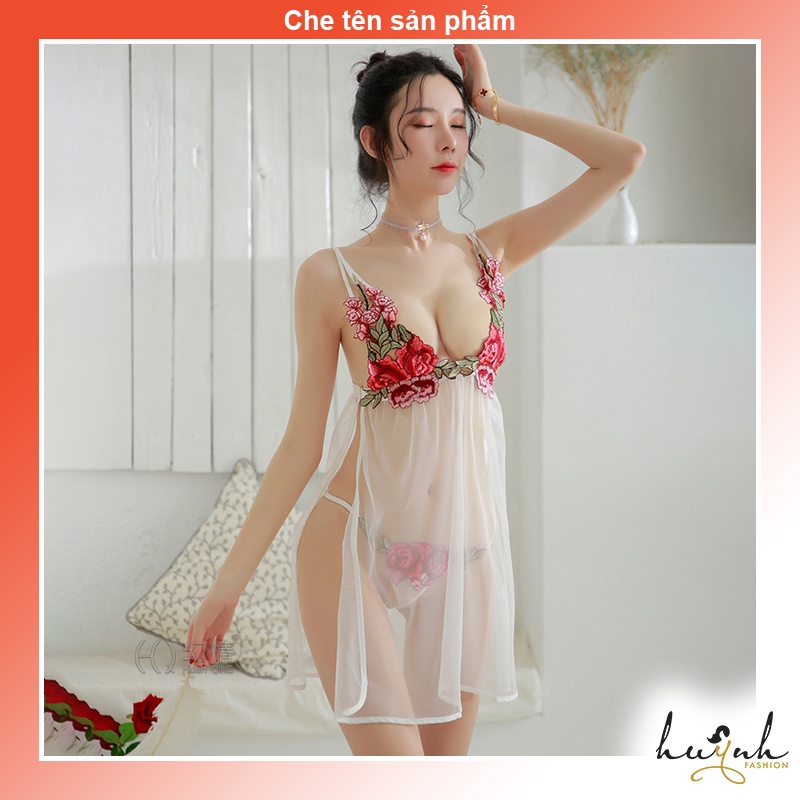 Váy ngủ xuyên thấu voan phối ren hoa sexy gợi cảm - N73