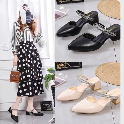 Guốc Sục Cao Gót Mũi Nhọn Dây Đá Đi Được 2 Kiểu Cao 5P C39