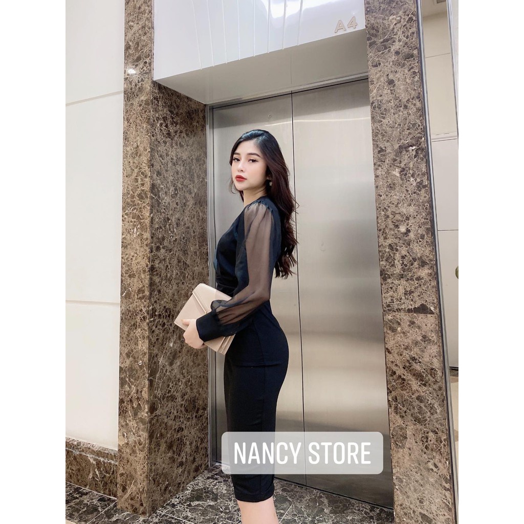 Đầm đen nữ tay dài cổ tim nhún eo trẻ trung, thanh lịch hàng cao cấp | BigBuy360 - bigbuy360.vn