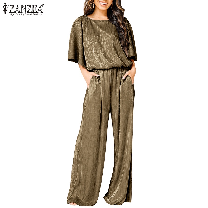 Áo liền quần ZANZEA tay lửng ống rộng lưng thun thời trang cho nữ