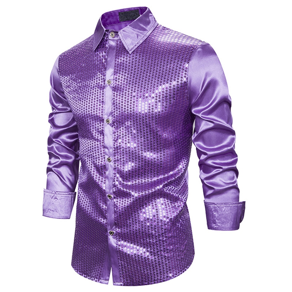 Áo Sơ Mi Dài Tay Cổ Bẻ Màu Trơn Đính Kim Sa Lấp Lánh Thời Trang Biểu Diễn Cho Nam