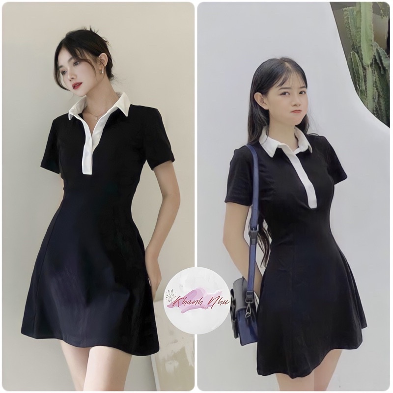 Đầm polo body tay ngắn xinh yêu, váy polo đen phối cổ trắng , đi chơi dạo phố FREESHIP