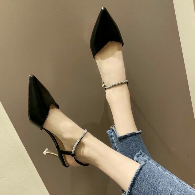 Giày cao gót 5p SOFIA SHOES mũi nhọn quai hậu đính đá Sandal cao gót bít mũi