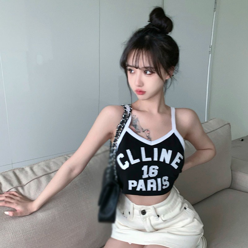 Áo Hai Dây Dệt Kim Ôm Dáng In Chữ Thời Trang Mùa Hè Phong Cách Hàn Quốc Cho Nữ