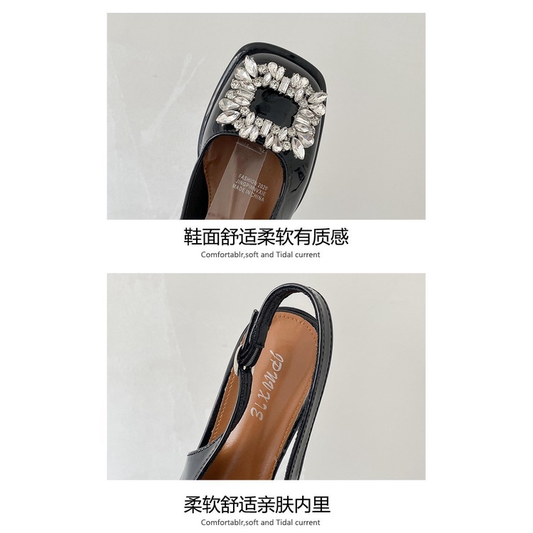 Giày Cao Gót Da Bóng Mũi Vuông Đính Đá Thời Trang Mùa Xuân 2022 Cho Nữ