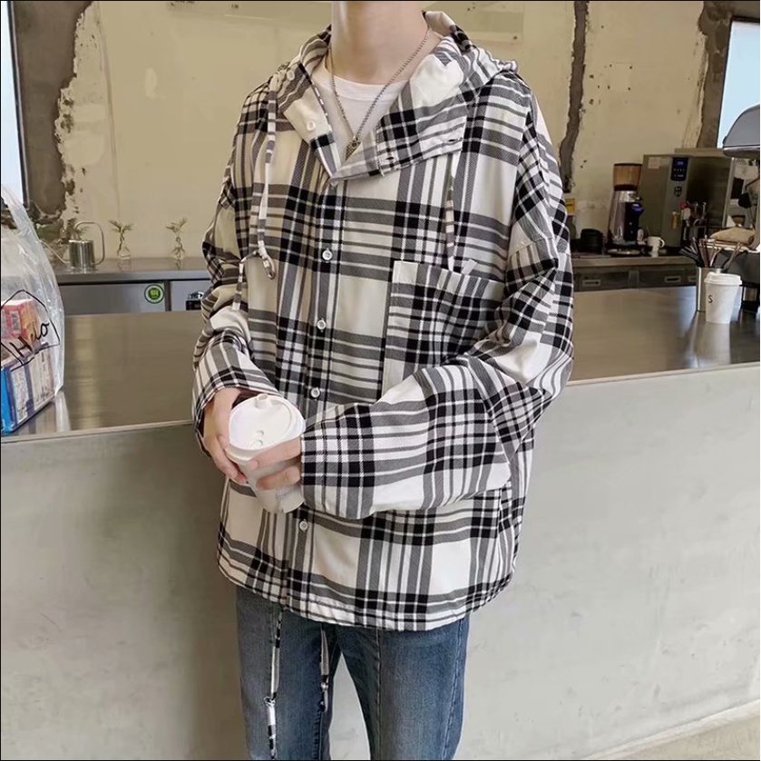 áo sơ mi Hoodie Tay Dài Kẻ Sọc Cá Tính áo sơ mi nữ caro áo sơ mi nam phong cách Hàn Quốc sơ mi nữ form rộng