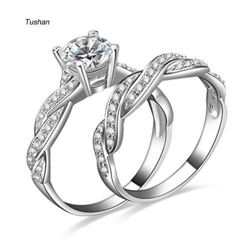 Set 2 Nhẫn Đính Hôn Mạ Bạc 925 Đính Đá Sang Trọng