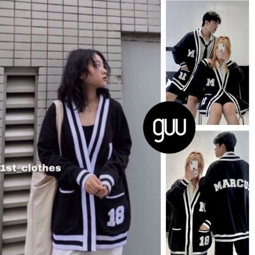 Áo khoác nỉ cardigan cổ V mix viền trắng in logo chữ MARCUS 18 form rộng siêu xinh GUU