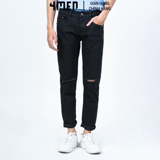Quần Jean Nam Đen Rách Gối Cao Cấp 4MEN QJ003 form Slim-Fit co giãn