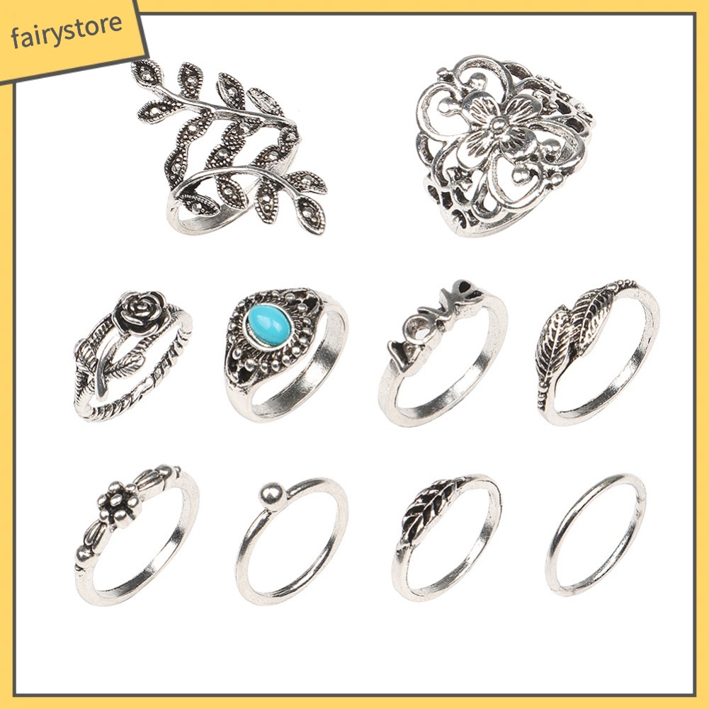 Bộ 10 Nhẫn Đeo Tay Phong Cách Retro Xinh Xắn