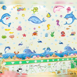 Decal dán tường chất liệu PVC loại 1, dán phòng khách, phòng ngủ, quán cafe-Bầy cá cảnh dưới lồng đại dương