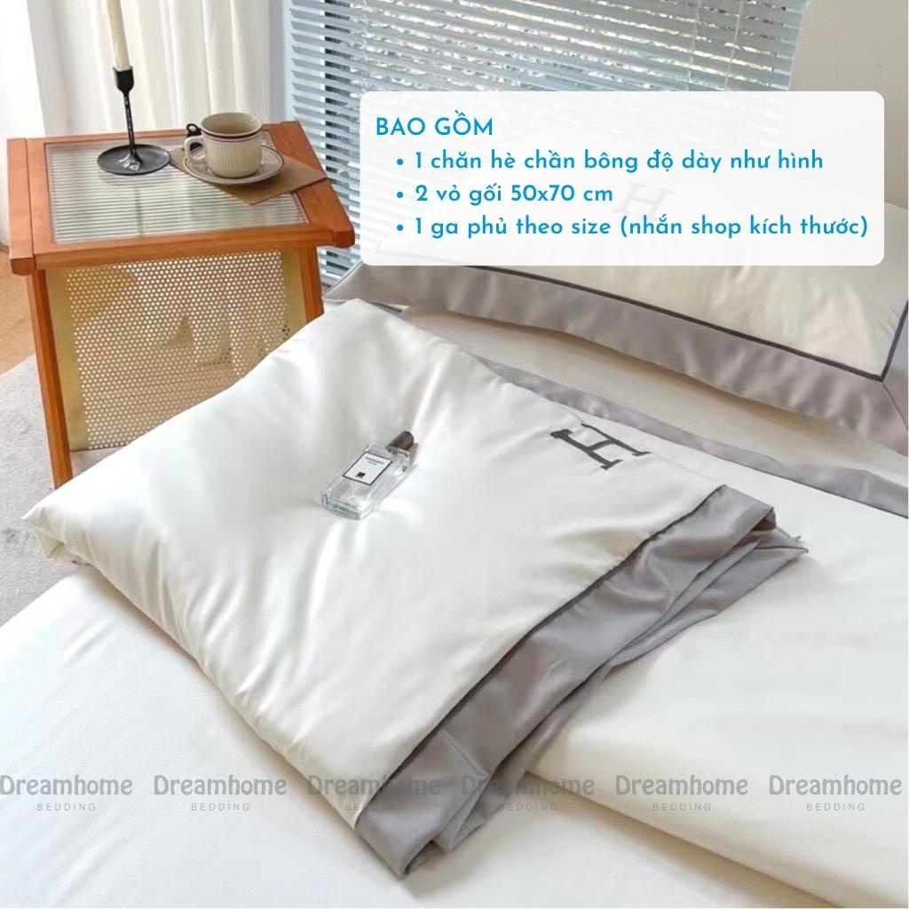 Bộ chăn hè ga gối phi lụa lạnh thêu chữ H Dreamhome