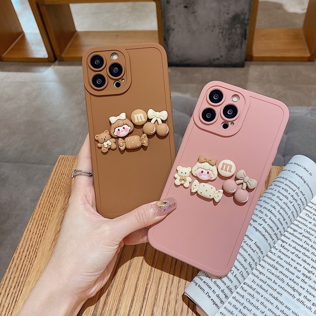 Ốp lưng iphone cạnh vuông gắn charm bvc Brown candy 7plus x xsmax 11 11promax 12 12pro 12promax 13 13pro 13promax DT13