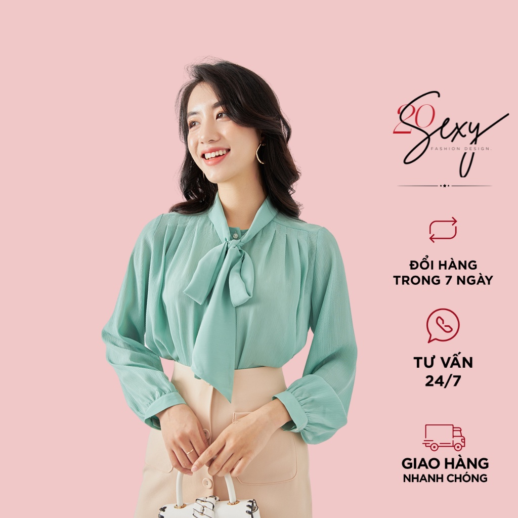 Áo sơ mi nữ dài tay nơ cổ 20sexy by 20AGAIN, thiết kế công sở thanh lịch, vải voan cao cấp ASA1212