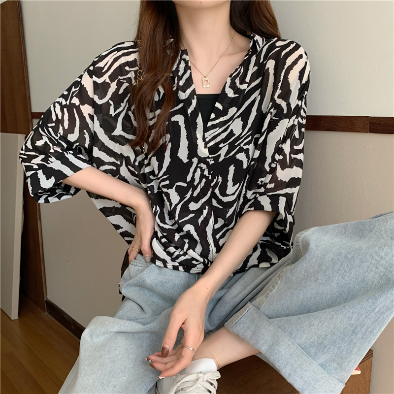 SUXI Áo khoác chiffon cổ V dáng rộng chống nắng thời trang trẻ trung nữ tính