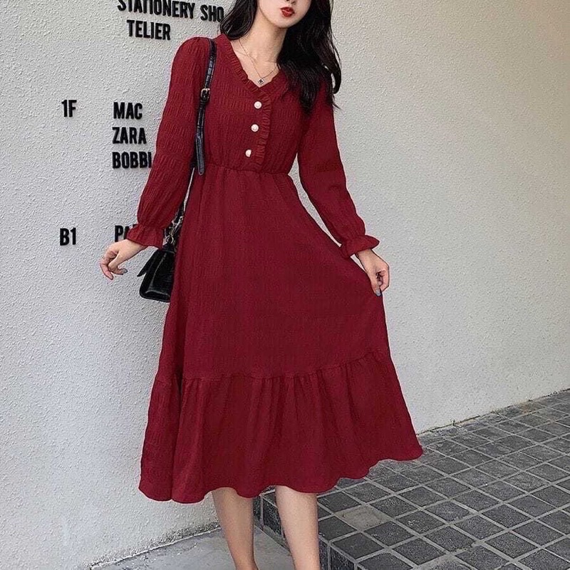 Đầm tiểu thư dáng dài khuy đính ngực đơn giản nhẹ nhàng phong cách hàn quốc dài tay