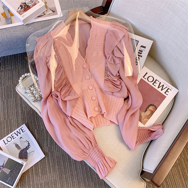 Áo Cardigan Dệt Kim Tay Dài Cổ Chữ V Màu Hồng Phong Cách Phương Tây Thiết Kế Mới Cho Nữ  tao bao
