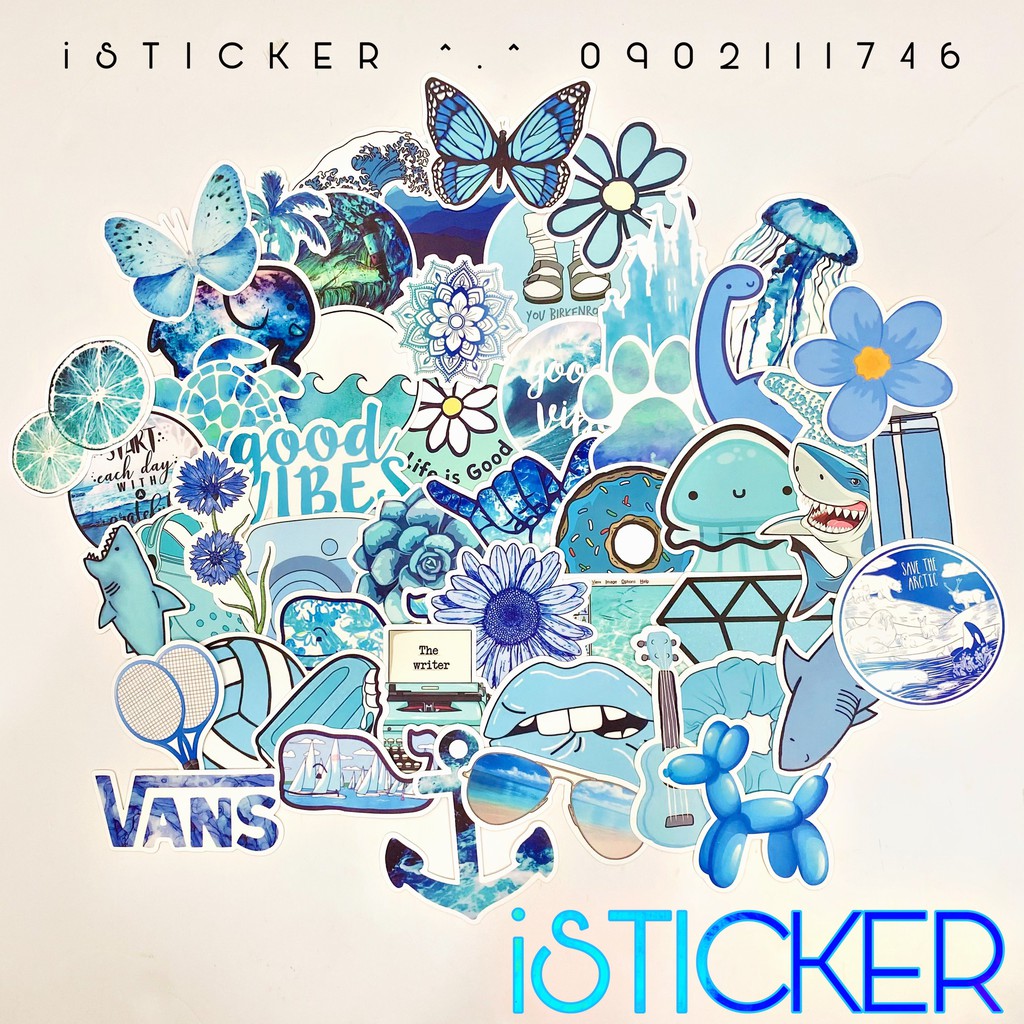 [Set 50 cái] Sticker deco xanh biển VSCO BLUE OCEAN chất liệu pvc nhám chống thấm dán xe, vali, laptop, mũ BH...