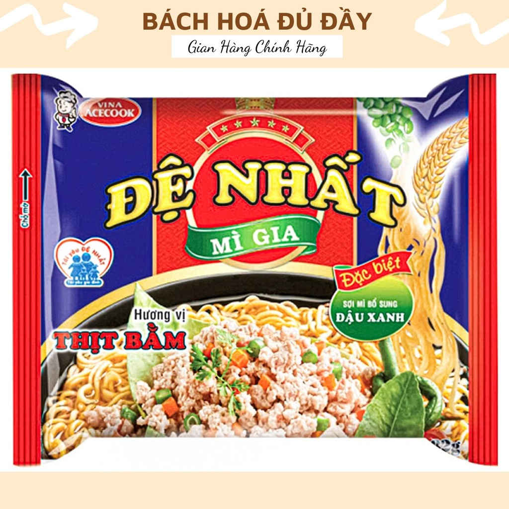 Mì gói các loại bao gồm Hảo Hảo, Gấu Đỏ, Omachi, Đệ Nhất, Miliket, 3 miền, Lẩu Thái, Cung Đình, mì chay Rau Nấm