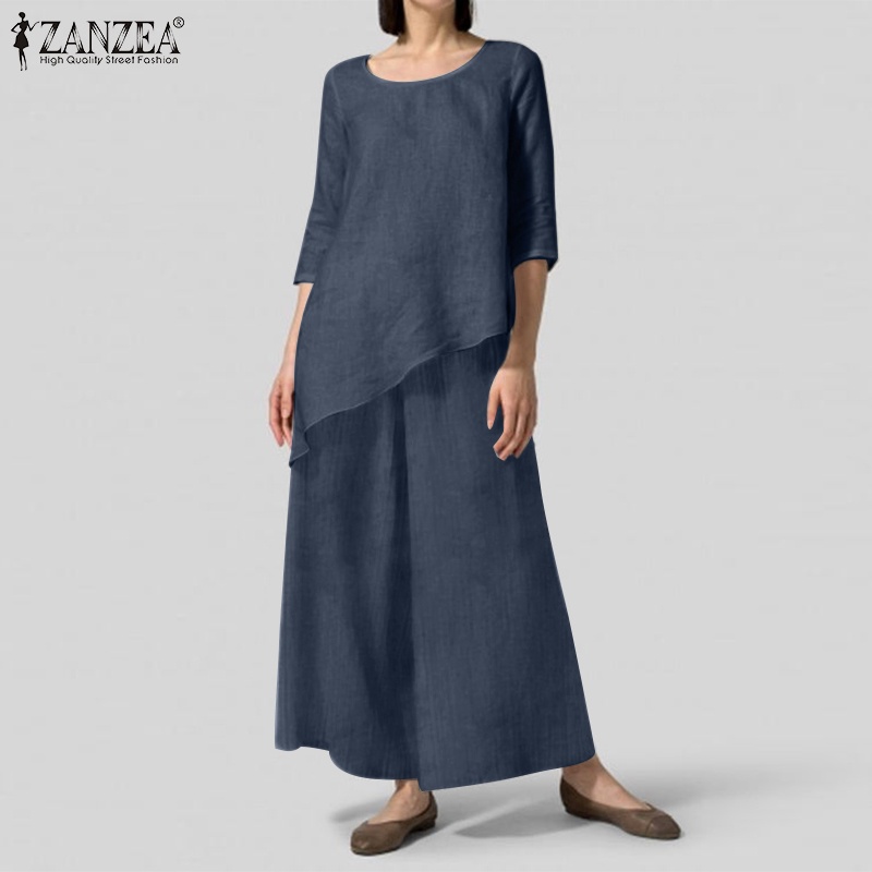 Áo thun tay lỡ cổ tròn và quần ống rộng ZANZEA thời trang cho nữ
