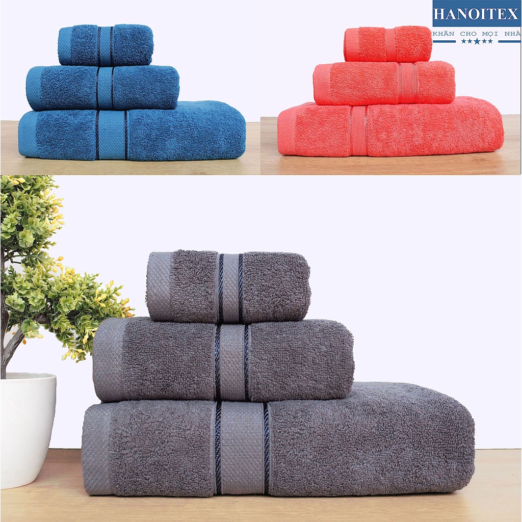 Khăn Tắm Cao Cấp, Combo 3 Khăn Hanoitex 100% Cotton Dày Dặn, Mềm Mại, Thấm Hút Cực Tốt