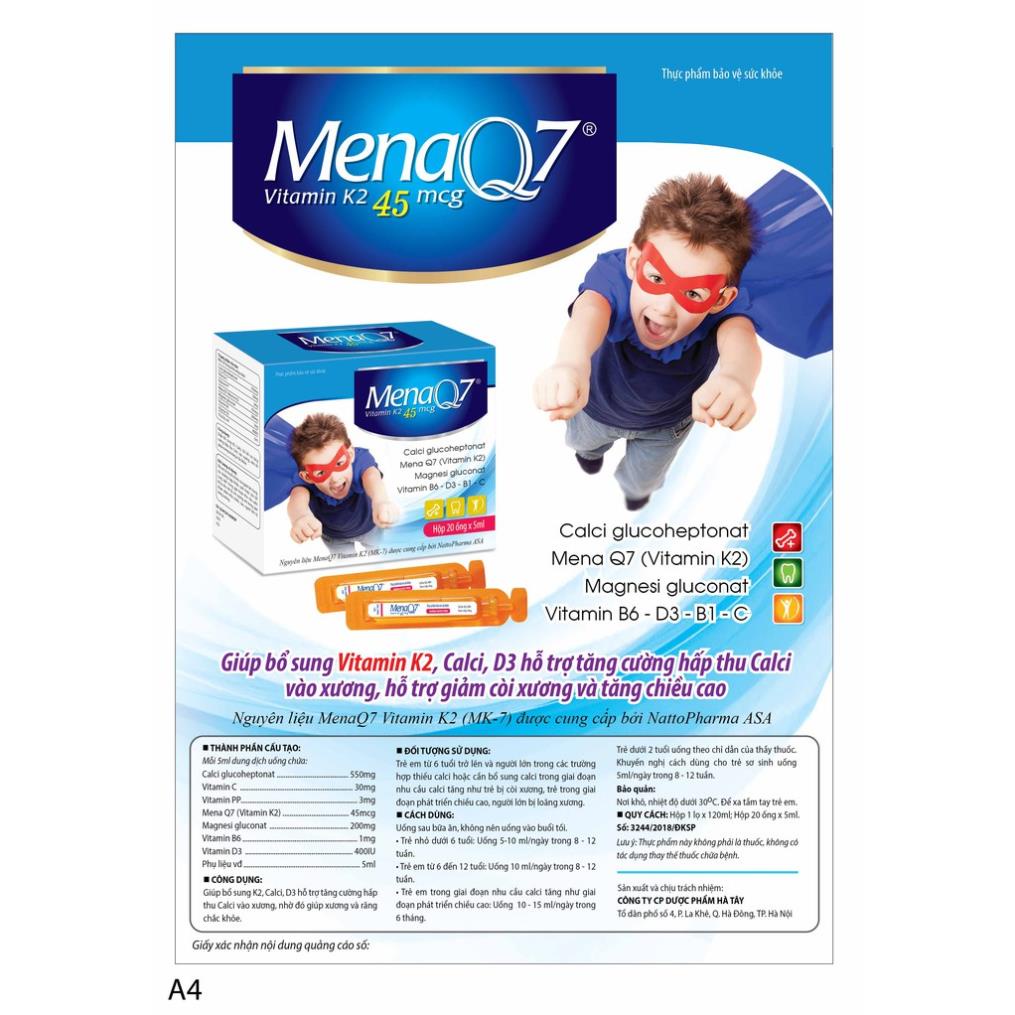 MENA Q7 VITAMIN K2 45MCG – Giúp bé tăng chiều cao nhanh, xương răng chắc khỏe (20 ống)