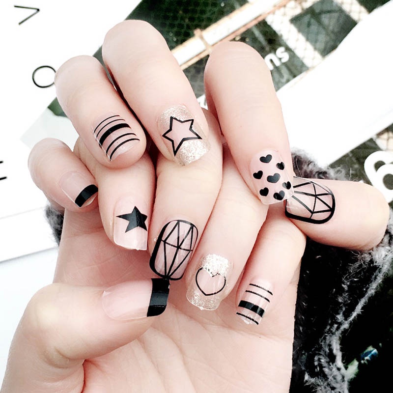 Bộ 24 móng tay giả họa tiết đốm bò sữa màu trắng đen xinh xắn