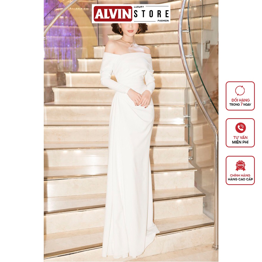 Đầm Dạ Hội Kiểu Hở Vai Tay Dài Nhún Eo Sang Trọng Alvin Store 0842