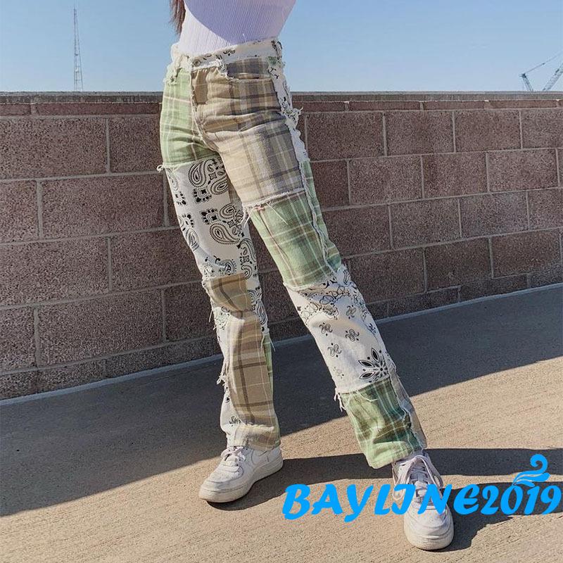 Quần jean dài họa tiết caro cá tính hợp thời trang cho nữ