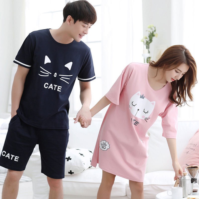 Bộ đồ ngủ đôi, nam nữ ngắn tay bằng cotton, hai mảnh dễ thương của học sinh Hàn Quốc phục vụ tại nhàNOETE